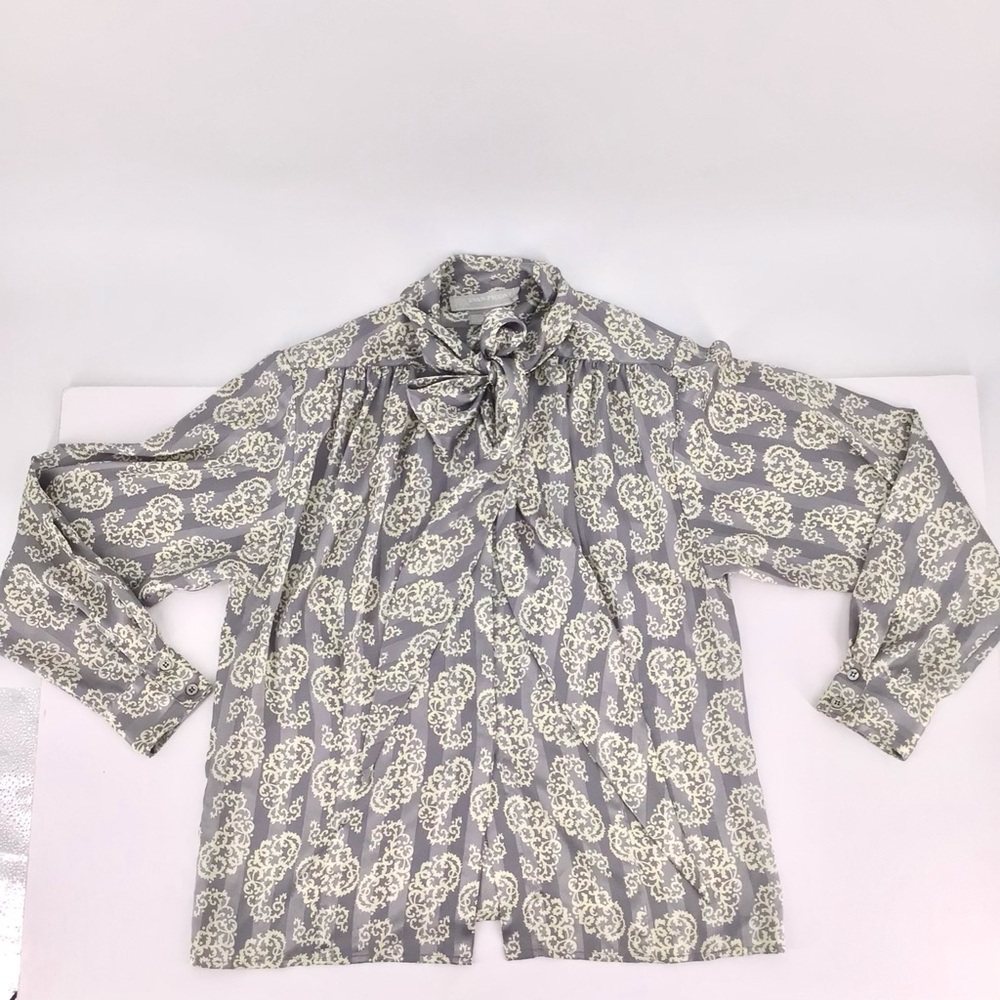 Vintage Evan-Picone Damask Print Tie Button Up Silky Long Sleeve Blouse Sz 12